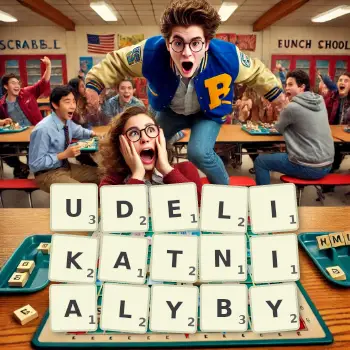 Kreatywna ilustracja do gry w Scrabble ze słowem UDELIKATNIALYBY ułożonym z płytek na planszy.