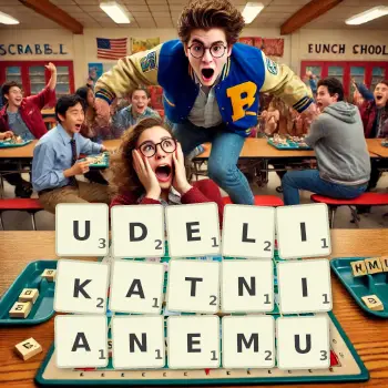 Kreatywna ilustracja do gry w Scrabble ze słowem UDELIKATNIANEMU ułożonym z płytek na planszy.