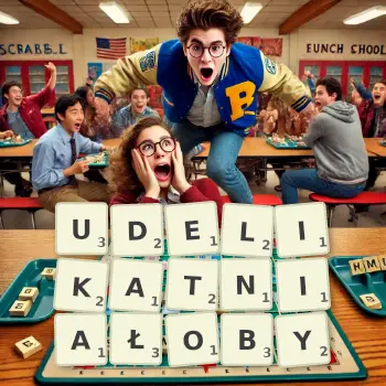 Kreatywna ilustracja do gry w Scrabble ze słowem UDELIKATNIAŁOBY ułożonym z płytek na planszy.