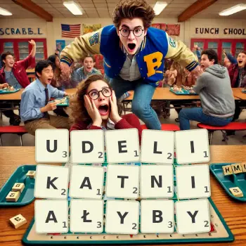 Kreatywna ilustracja do gry w Scrabble ze słowem UDELIKATNIAŁYBY ułożonym z płytek na planszy.