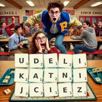 Kreatywna ilustracja do gry w Scrabble ze słowem UDELIKATNIJCIEZ ułożonym z płytek na planszy.