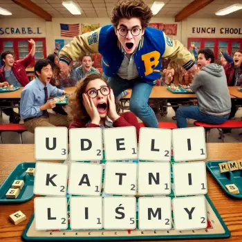 Kreatywna ilustracja do gry w Scrabble ze słowem UDELIKATNILIŚMY ułożonym z płytek na planszy.