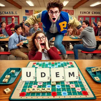 Kreatywna ilustracja do gry w Scrabble ze słowem UDEM ułożonym z płytek na planszy.