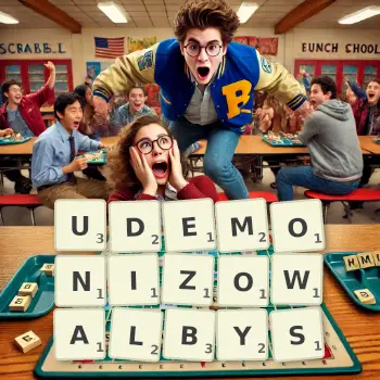 Kreatywna ilustracja do gry w Scrabble ze słowem UDEMONIZOWALBYS ułożonym z płytek na planszy.