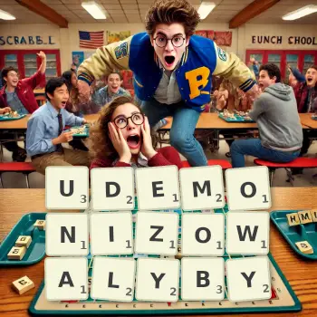 Kreatywna ilustracja do gry w Scrabble ze słowem UDEMONIZOWALYBY ułożonym z płytek na planszy.