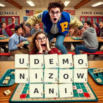 Kreatywna ilustracja do gry w Scrabble ze słowem UDEMONIZOWANI ułożonym z płytek na planszy.