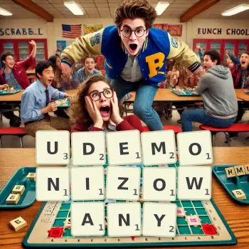 Kreatywna ilustracja do gry w Scrabble ze słowem UDEMONIZOWANY ułożonym z płytek na planszy.