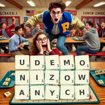 Kreatywna ilustracja do gry w Scrabble ze słowem UDEMONIZOWANYCH ułożonym z płytek na planszy.