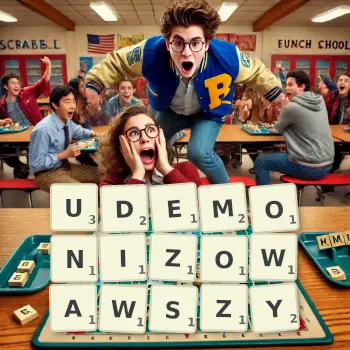 Kreatywna ilustracja do gry w Scrabble ze słowem UDEMONIZOWAWSZY ułożonym z płytek na planszy.