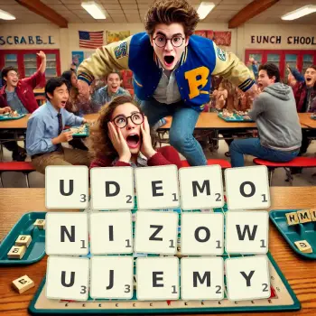 Kreatywna ilustracja do gry w Scrabble ze słowem UDEMONIZOWUJEMY ułożonym z płytek na planszy.