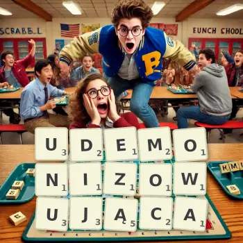 Kreatywna ilustracja do gry w Scrabble ze słowem UDEMONIZOWUJĄCA ułożonym z płytek na planszy.