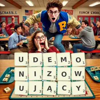 Kreatywna ilustracja do gry w Scrabble ze słowem UDEMONIZOWUJĄCY ułożonym z płytek na planszy.