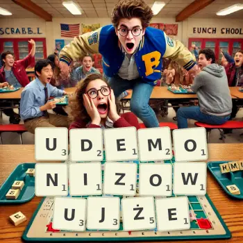 Kreatywna ilustracja do gry w Scrabble ze słowem UDEMONIZOWUJŻE ułożonym z płytek na planszy.