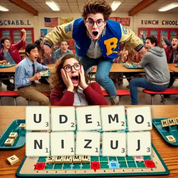 Kreatywna ilustracja do gry w Scrabble ze słowem UDEMONIZUJ ułożonym z płytek na planszy.