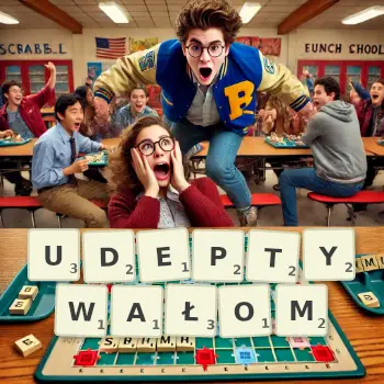 Kreatywna ilustracja do gry w Scrabble ze słowem UDEPTYWAŁOM ułożonym z płytek na planszy.