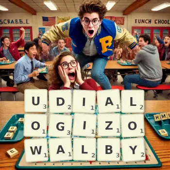 Kreatywna ilustracja do gry w Scrabble ze słowem UDIALOGIZOWALBY ułożonym z płytek na planszy.