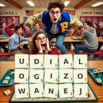 Kreatywna ilustracja do gry w Scrabble ze słowem UDIALOGIZOWANEJ ułożonym z płytek na planszy.