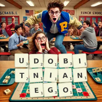 Kreatywna ilustracja do gry w Scrabble ze słowem UDOBITNIANEGO ułożonym z płytek na planszy.