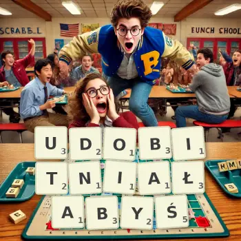Kreatywna ilustracja do gry w Scrabble ze słowem UDOBITNIAŁABYŚ ułożonym z płytek na planszy.