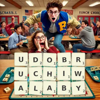 Kreatywna ilustracja do gry w Scrabble ze słowem UDOBRUCHIWALABY ułożonym z płytek na planszy.