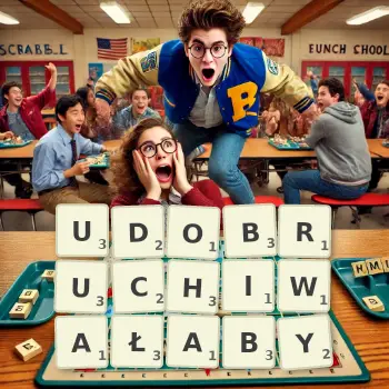 Kreatywna ilustracja do gry w Scrabble ze słowem UDOBRUCHIWAŁABY ułożonym z płytek na planszy.