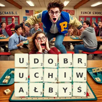 Kreatywna ilustracja do gry w Scrabble ze słowem UDOBRUCHIWAŁBYŚ ułożonym z płytek na planszy.