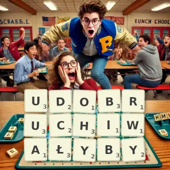 Kreatywna ilustracja do gry w Scrabble ze słowem UDOBRUCHIWAŁYBY ułożonym z płytek na planszy.