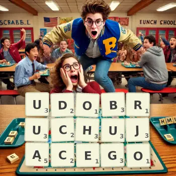 Kreatywna ilustracja do gry w Scrabble ze słowem UDOBRUCHUJĄCEGO ułożonym z płytek na planszy.