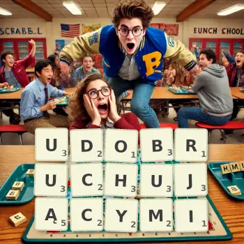 Kreatywna ilustracja do gry w Scrabble ze słowem UDOBRUCHUJĄCYMI ułożonym z płytek na planszy.