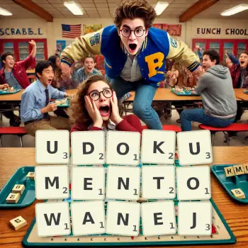 Kreatywna ilustracja do gry w Scrabble ze słowem UDOKUMENTOWANEJ ułożonym z płytek na planszy.