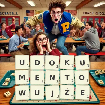 Kreatywna ilustracja do gry w Scrabble ze słowem UDOKUMENTOWUJŻE ułożonym z płytek na planszy.