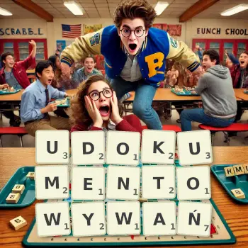 Kreatywna ilustracja do gry w Scrabble ze słowem UDOKUMENTOWYWAŃ ułożonym z płytek na planszy.