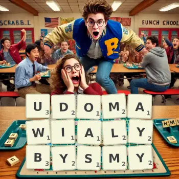 Kreatywna ilustracja do gry w Scrabble ze słowem UDOMAWIALYBYSMY ułożonym z płytek na planszy.