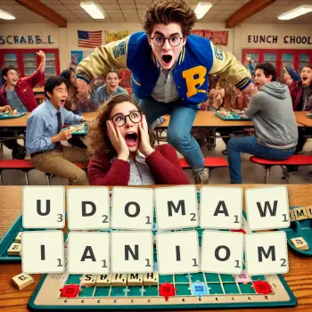 Kreatywna ilustracja do gry w Scrabble ze słowem UDOMAWIANIOM ułożonym z płytek na planszy.