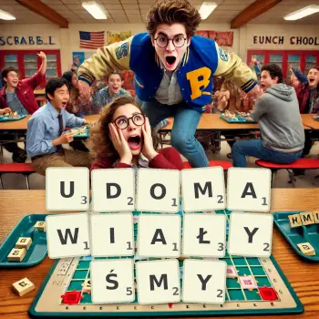 Kreatywna ilustracja do gry w Scrabble ze słowem UDOMAWIAŁYŚMY ułożonym z płytek na planszy.