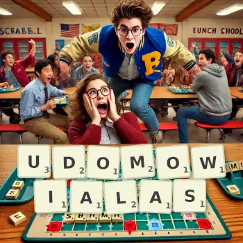 Kreatywna ilustracja do gry w Scrabble ze słowem UDOMOWIALAS ułożonym z płytek na planszy.