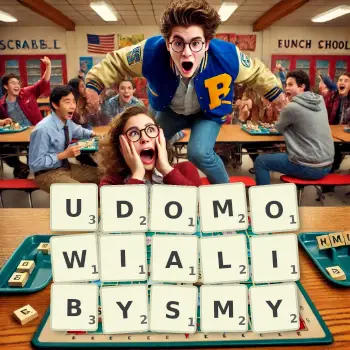 Kreatywna ilustracja do gry w Scrabble ze słowem UDOMOWIALIBYSMY ułożonym z płytek na planszy.