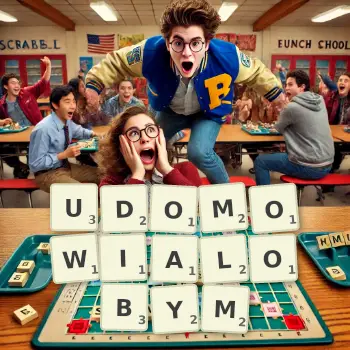 Kreatywna ilustracja do gry w Scrabble ze słowem UDOMOWIALOBYM ułożonym z płytek na planszy.