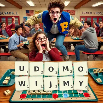 Kreatywna ilustracja do gry w Scrabble ze słowem UDOMOWIJMY ułożonym z płytek na planszy.