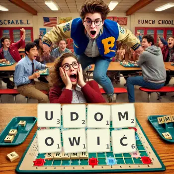 Kreatywna ilustracja do gry w Scrabble ze słowem UDOMOWIĆ ułożonym z płytek na planszy.