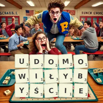 Kreatywna ilustracja do gry w Scrabble ze słowem UDOMOWIŁYBYŚCIE ułożonym z płytek na planszy.