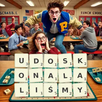 Kreatywna ilustracja do gry w Scrabble ze słowem UDOSKONALALIŚMY ułożonym z płytek na planszy.