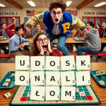 Kreatywna ilustracja do gry w Scrabble ze słowem UDOSKONALIŁOM ułożonym z płytek na planszy.