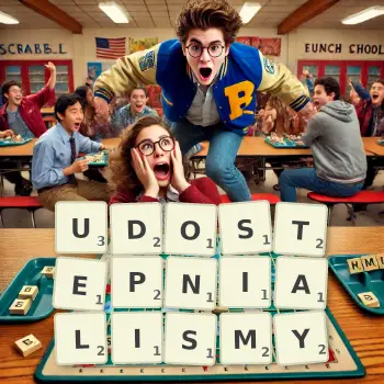 Kreatywna ilustracja do gry w Scrabble ze słowem UDOSTEPNIALISMY ułożonym z płytek na planszy.