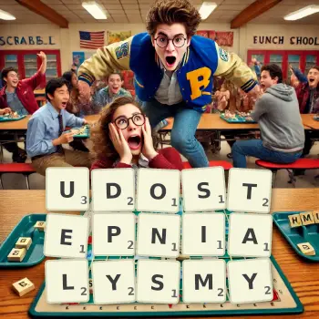 Kreatywna ilustracja do gry w Scrabble ze słowem UDOSTEPNIALYSMY ułożonym z płytek na planszy.