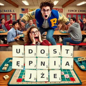 Kreatywna ilustracja do gry w Scrabble ze słowem UDOSTĘPNIAJŻE ułożonym z płytek na planszy.