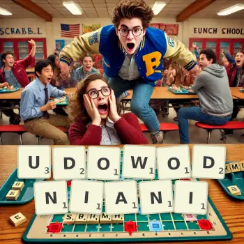 Kreatywna ilustracja do gry w Scrabble ze słowem UDOWODNIANI ułożonym z płytek na planszy.