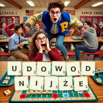 Kreatywna ilustracja do gry w Scrabble ze słowem UDOWODNIJŻE ułożonym z płytek na planszy.