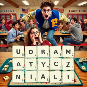 Kreatywna ilustracja do gry w Scrabble ze słowem UDRAMATYCZNIALI ułożonym z płytek na planszy.