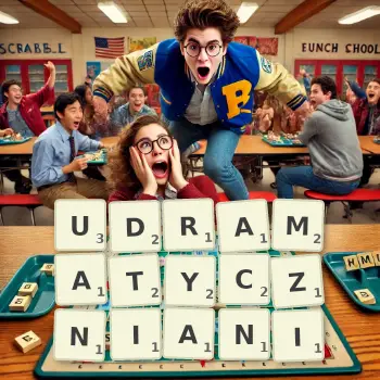 Kreatywna ilustracja do gry w Scrabble ze słowem UDRAMATYCZNIANI ułożonym z płytek na planszy.